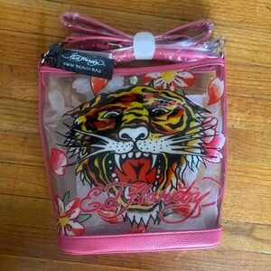 NWT Ed Hardy Pink Tiger Print PVC swim Beach Bag